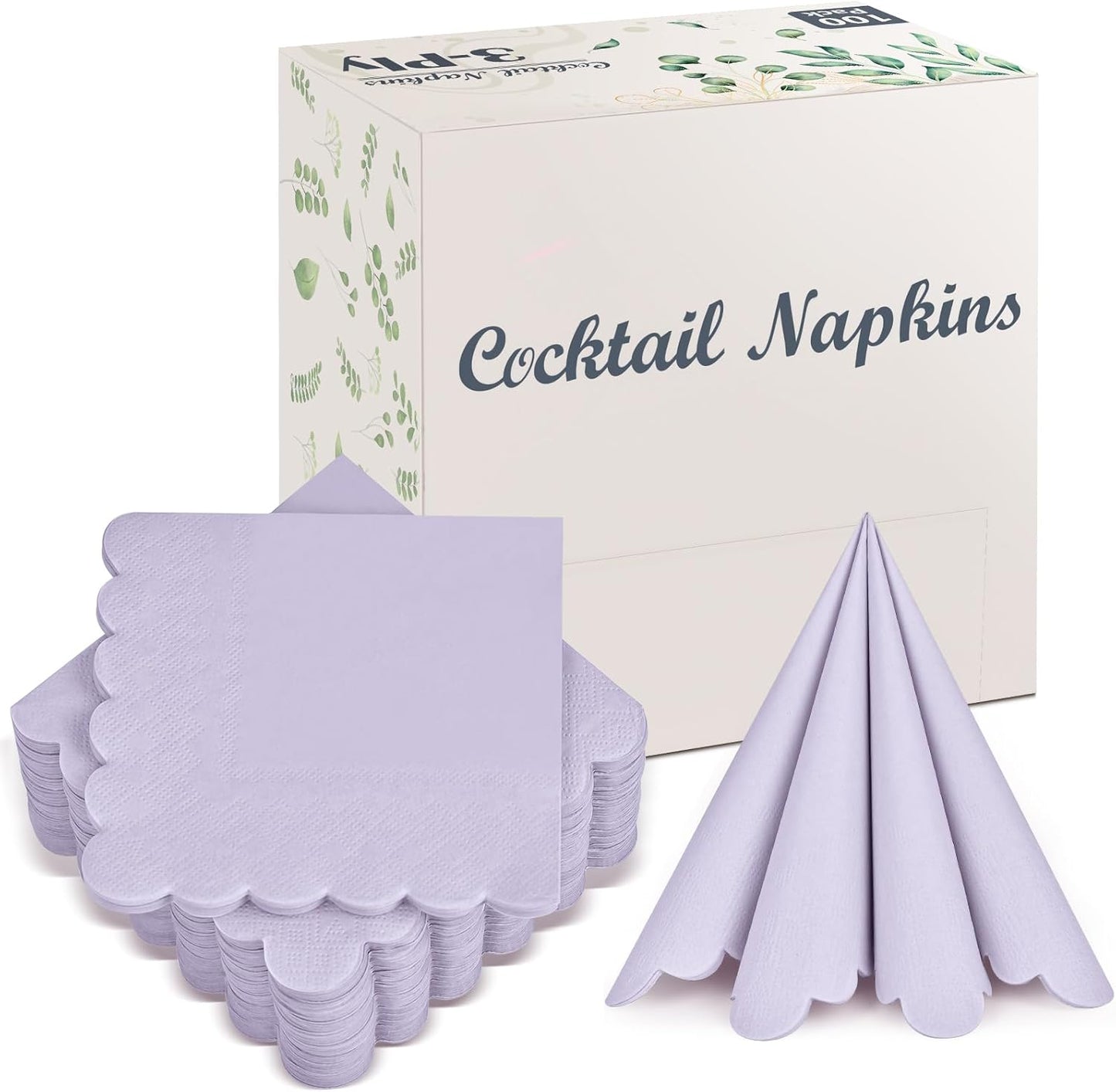 100 Pack Cocktail Napkins, 3-Ply Scalloped Edged Wedding Napkins Folded 5 x 5 Inches Dessert Napkins, Disposable Napkins for Dinner Birthday Party Bridal Anniversary Baby Shower Reception (Purple)