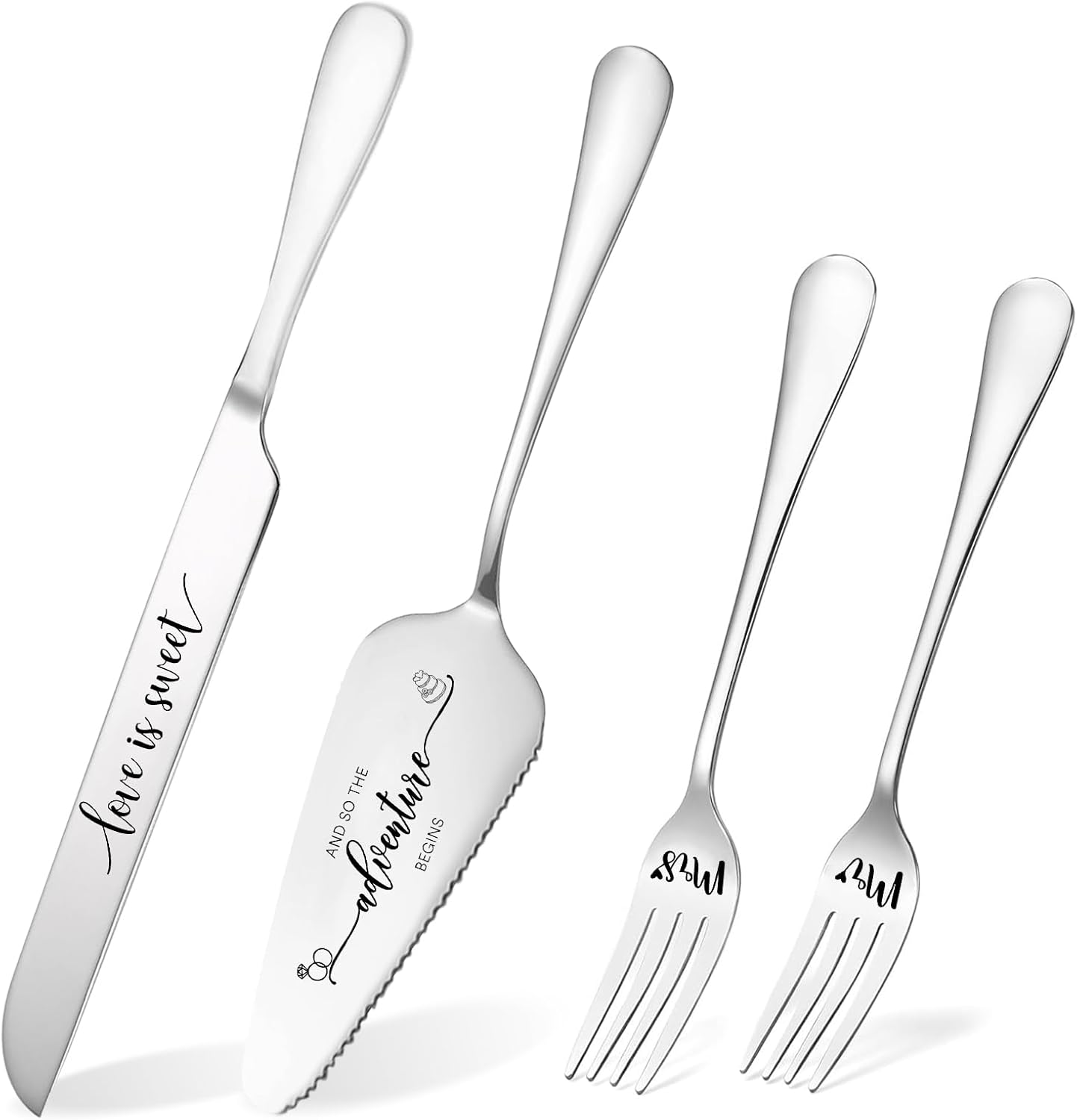 Engraved Wedding Cake Knife and Server Set, Silver Wedding Cake Cutting Set, 4 Pcs Includes Mr and Mrs Forks, Funny Engagements Gifts for Couple