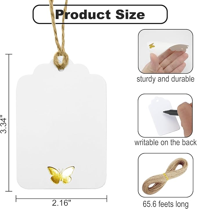 ASYEHJNR 100Pcs Blank Gift Tags with String, Foil Gold Butterfly Large Gift Tags with 65 Ft Jute Twine White Paper Cute Tags for Birthday Baby Shower Wedding Party Gift Wrap Tags