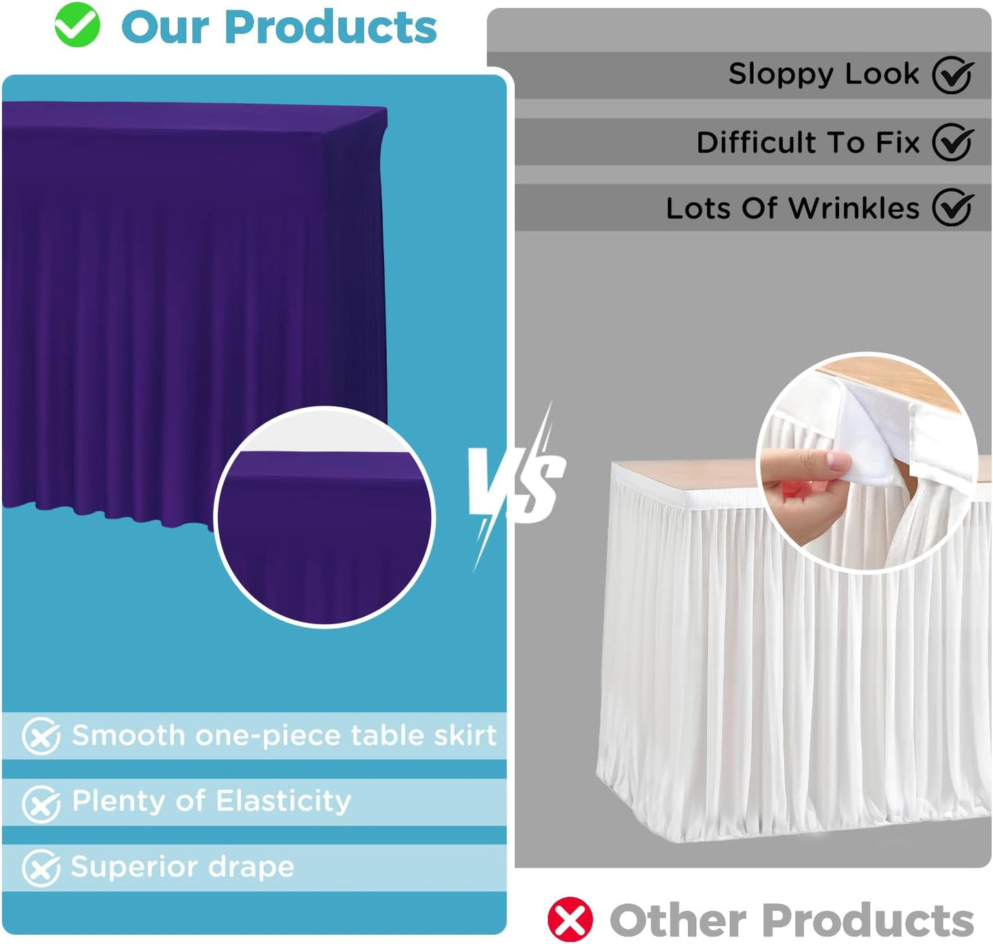 Table Skirts for 8ft Rectangle Tables - 2PCS Purple Table Covers for 8 Foot Tables, Wrinkle Resistant Ruffles Elastic Table Cloths and Table Skirt for Banquets/Weddings/Parties/Birthday