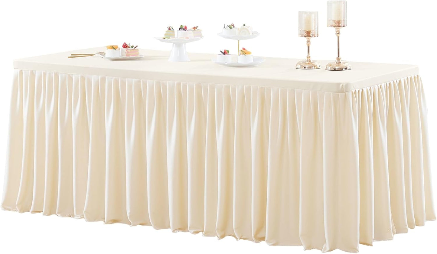 Light Champagne Polyester Table Clothes for 8 Foot Rectangle Tables, Wrinkle Free Fitted Table Cover with Pleated Ruffle Table Skirt for Birthday Party Wedding Trade Show Event Display