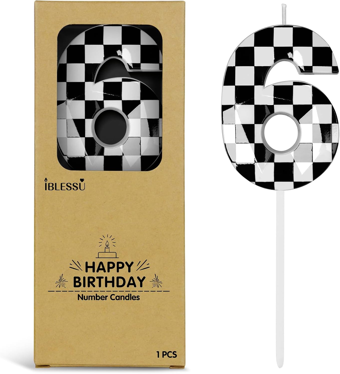 Number 6 Racing Cars Birthday Candles,2.68 Inch Black White Checkered Birthday Number Candles, Cool Racing Themed Number Candles for Boys and Girls, Kids Race Car Themed Party Decorations Supplies