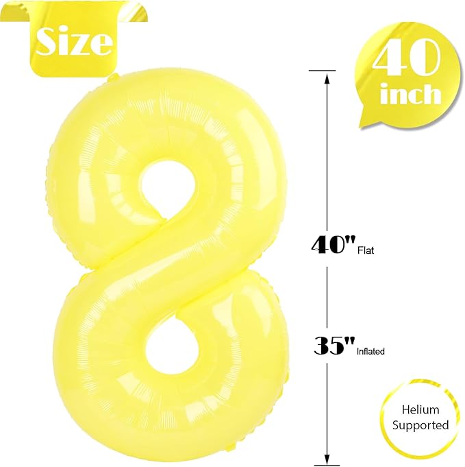 Yellow Number 8 Balloon 40 Inch, 8th Birthday Party Decorations for Children, Giant 8 Foil Balloon for Party Supplies
