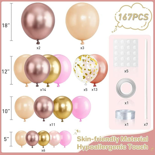 Pink and Gold Balloon Garland Arch Kit, 167Pcs Metallic Pearl Rose Gold Pastel Pink Nude Latex Balloons for Women Girl Princess Birthday Engagement Wedding Party Decorations