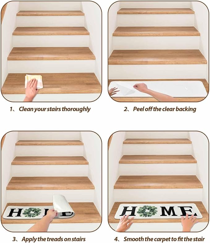 Stair Treads for Wooden Steps Indoor, Home Green Eucalyptus Leaves Garland Soft Stair Treads Non-Slip Carpet Mat 15 Pack, Retro Linen Stair Mat Staircase Steps Rugs