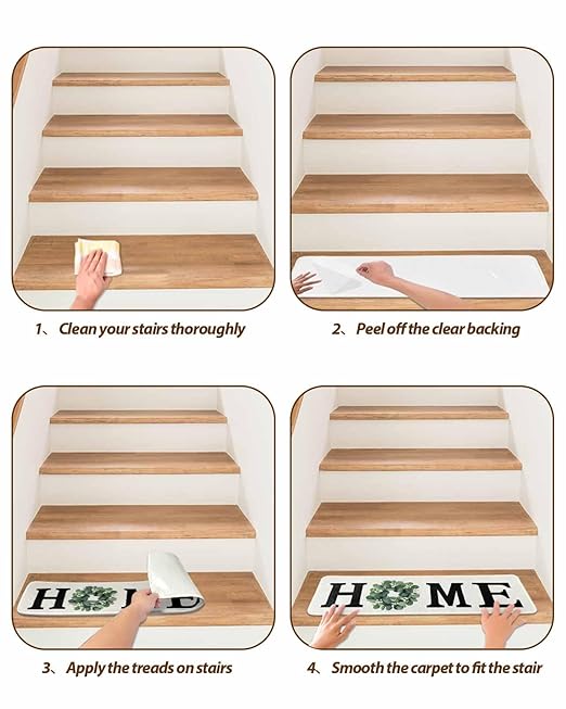 Stair Treads Non Slip Carpet,Home Green Eucalyptus Leaves Garland Indoor Step Treads for Wooden Steps,Retro Linen Reusable Adhesive Stair Runner for Elders Dogs,4 Pack 8"x30"