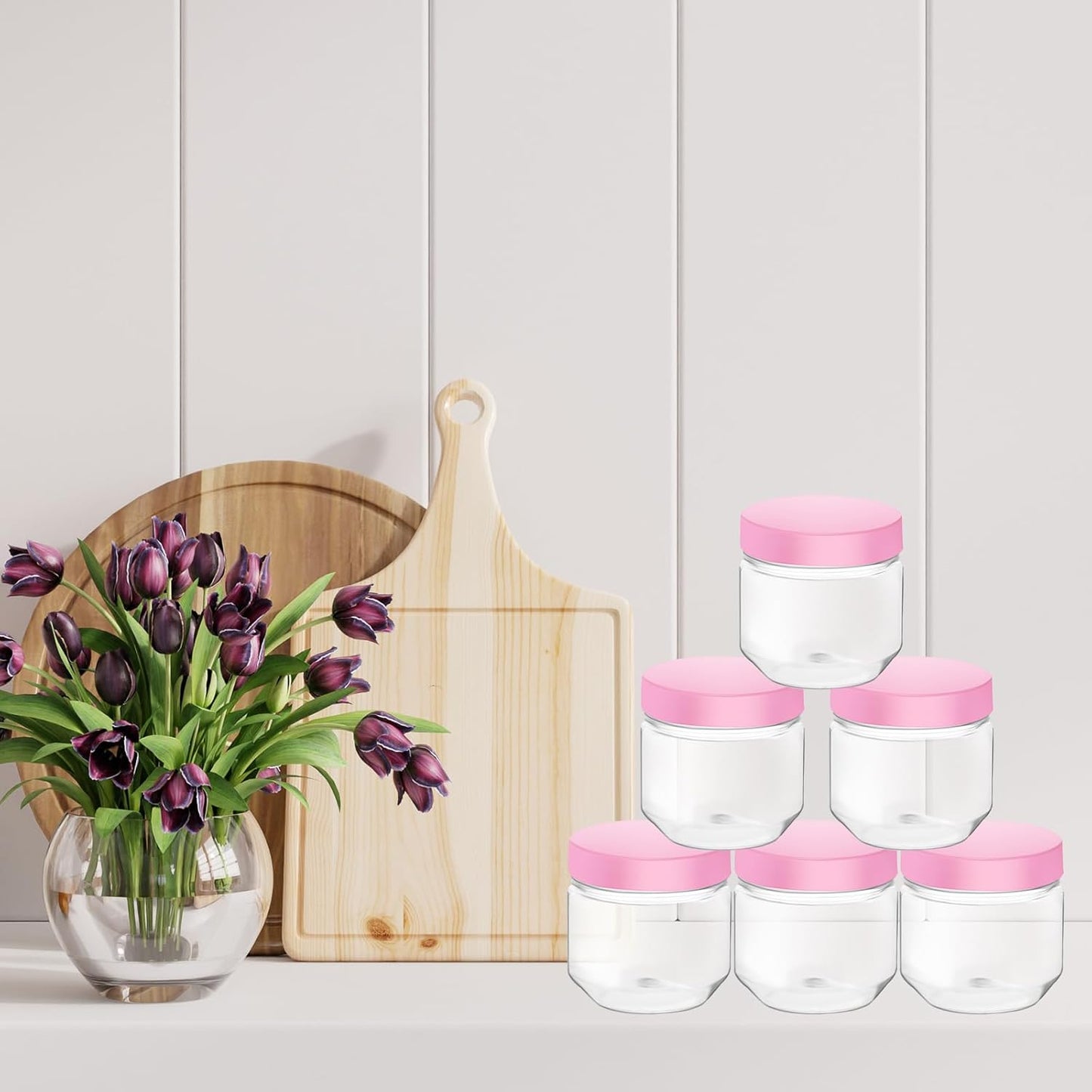 Tanlade 60 Pcs 3 oz Clear Plastic Jars with Lids Wide Mouth Mason Jars Mini Storage Containers Bulk for Herb Jelly Wedding Valentine Favors Shower Party Favors(Pink)