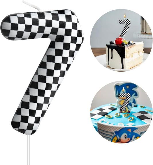 Racing Cars Themed Birthday Candle Number 7 Checkered Candle Birthday Party Decoration Cake Topper for Racing Car Party Decoration Theme Party Supplies (Number 7)