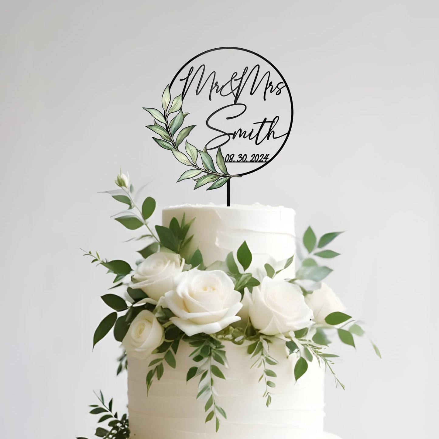 Mr & Mrs Wedding Cake Topper with Green Leaves Custom Last Name and Date Personalized Round Frame Cake Decoration in Acrylic and Wood