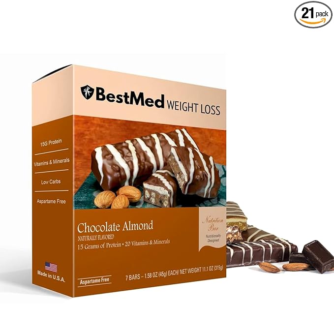 BestMed - High Protein Nutrition Bar - Low-Carb, 15g Protein, Low Sugar, High Fiber, Low Calorie, Meal Replacement Bar (Chocolate Almond, 3 Box - 21 Count)