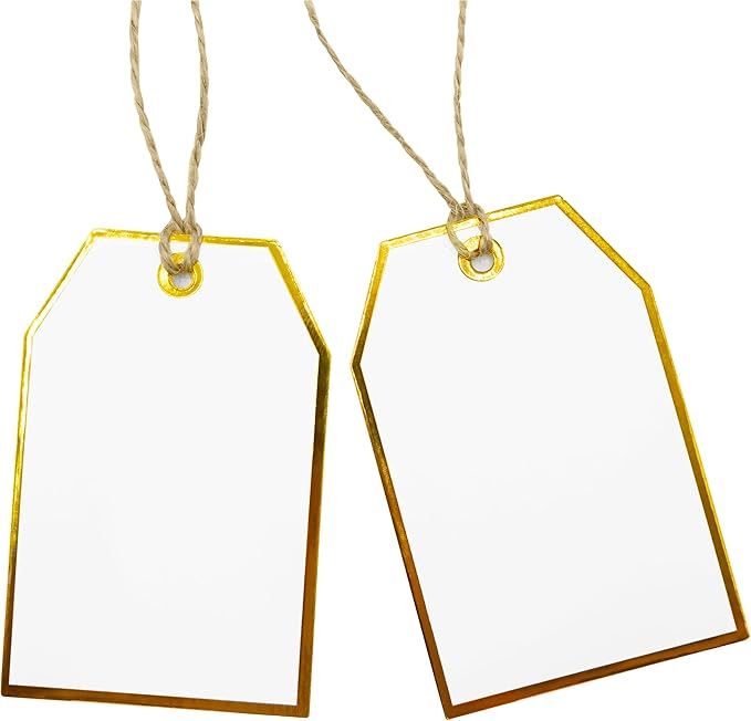 ASYEHJNR 100Pcs Gold Gift Tags with String Attached Foil Gold Frame Large White Paper Gift Tags Presents with 65 Ft Jute Twine for Christmas Holiday Baby Shower Wedding Birthday Gift Wrap Tags