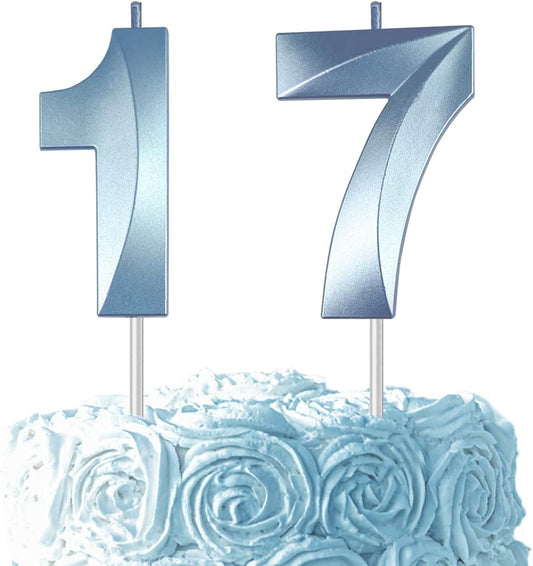 Blue Number 17 Candles, 3D Diamond 2.76 Inch Cake Topper Birthday Candles for Wedding Anniversary Cake Decorations, Happy Birthday Party Decorations