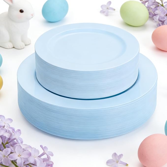 FLOWERCAT 60PCS Light Blue Heavy Duty Plastic Disposable Party Plates Set – 30pcs 10.25″ Dinner & 30pcs 7.5″ Dessert Plates – Durable Blue Tableware for Easter Parties, Wedding, BBQ & Baby Shower