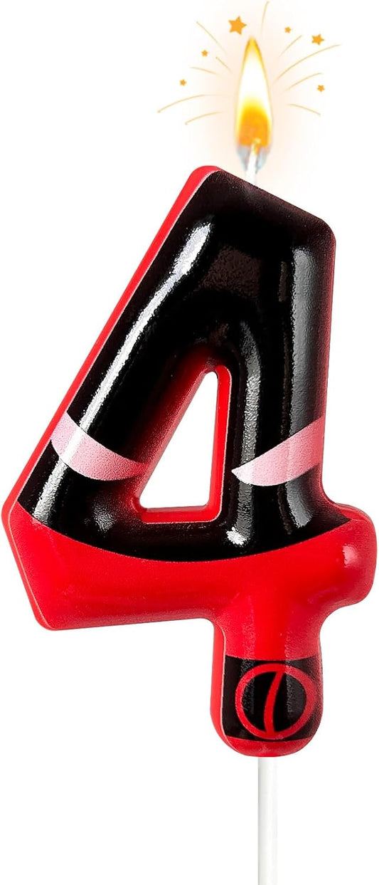 Black Red Mask Number 4 Birthday Candles - Comic Themed Cake Topper for Birthday Decorations Supplies, 4 Candle Party Favors (Number 4)