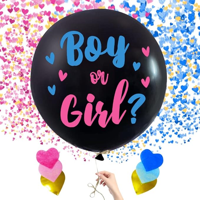 5 Pc Jumbo 36 Inch Baby Gender Reveal Balloon Kit - Big Black Balloons with Pink and Blue Heart Shape Confetti - Baby Shower Party Supplies, Gender Reveal Decorations for Boy or Girl