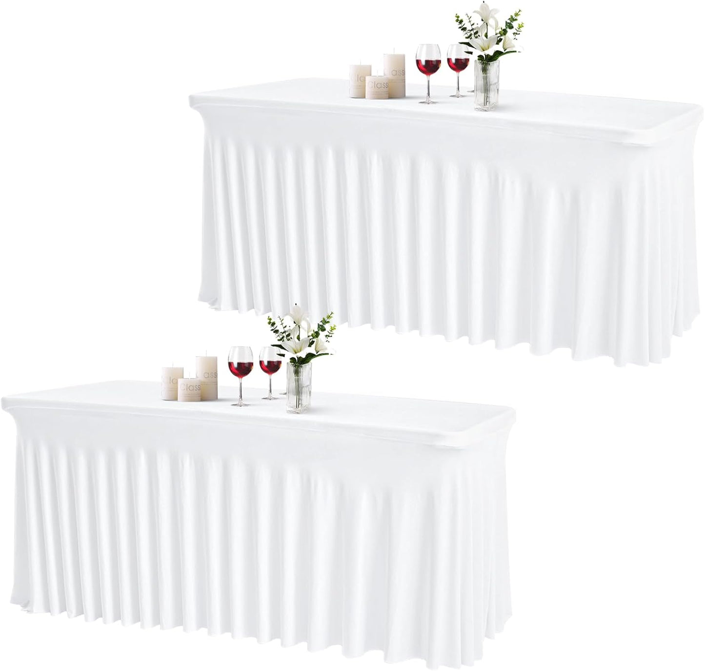 JCJ Table Skirt for Rectangle Tables Set of 2 Spandex Fitted White Tablecloths for 6FT Tables, Wrinkle Resistant Ruffles Elastic Table Cover Skirts for Teacher Desk Weddings Banquets Parties