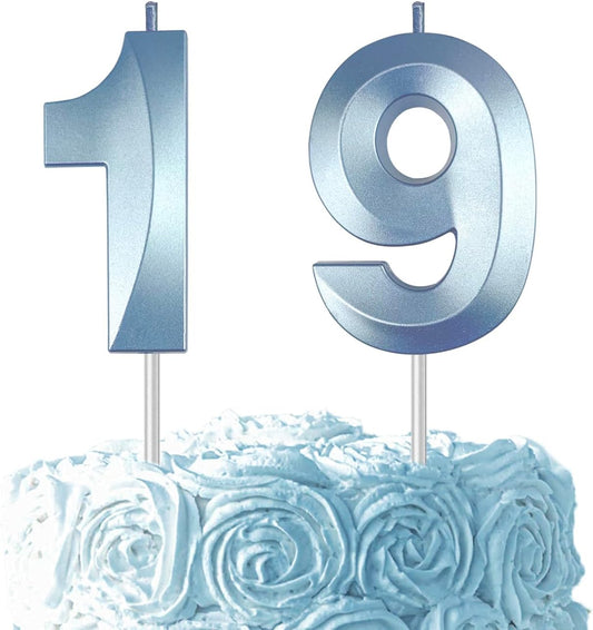 Blue Number 19 Candles, 3D Diamond 2.76 Inch Cake Topper Birthday Candles for Wedding Anniversary Cake Decorations, Happy Birthday Party Decorations