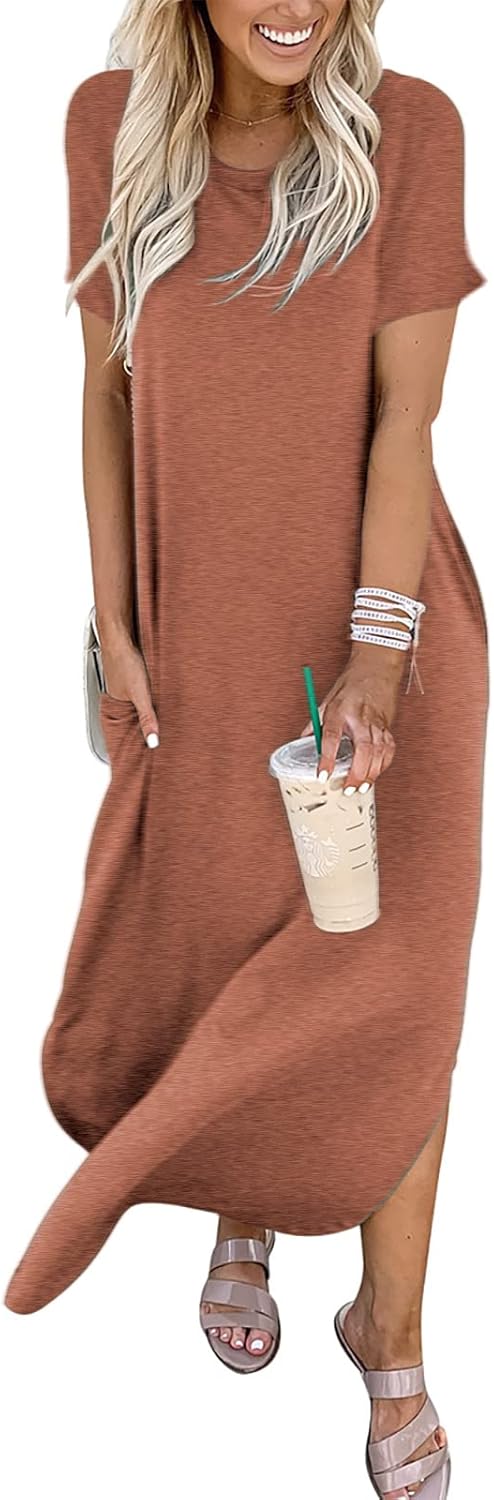 ANRABESS Womens Summer Maxi Dress Short Sleeve Casual Loose Long T Shirt Dresses Split Vacation Beach Sundress Travel Outfits