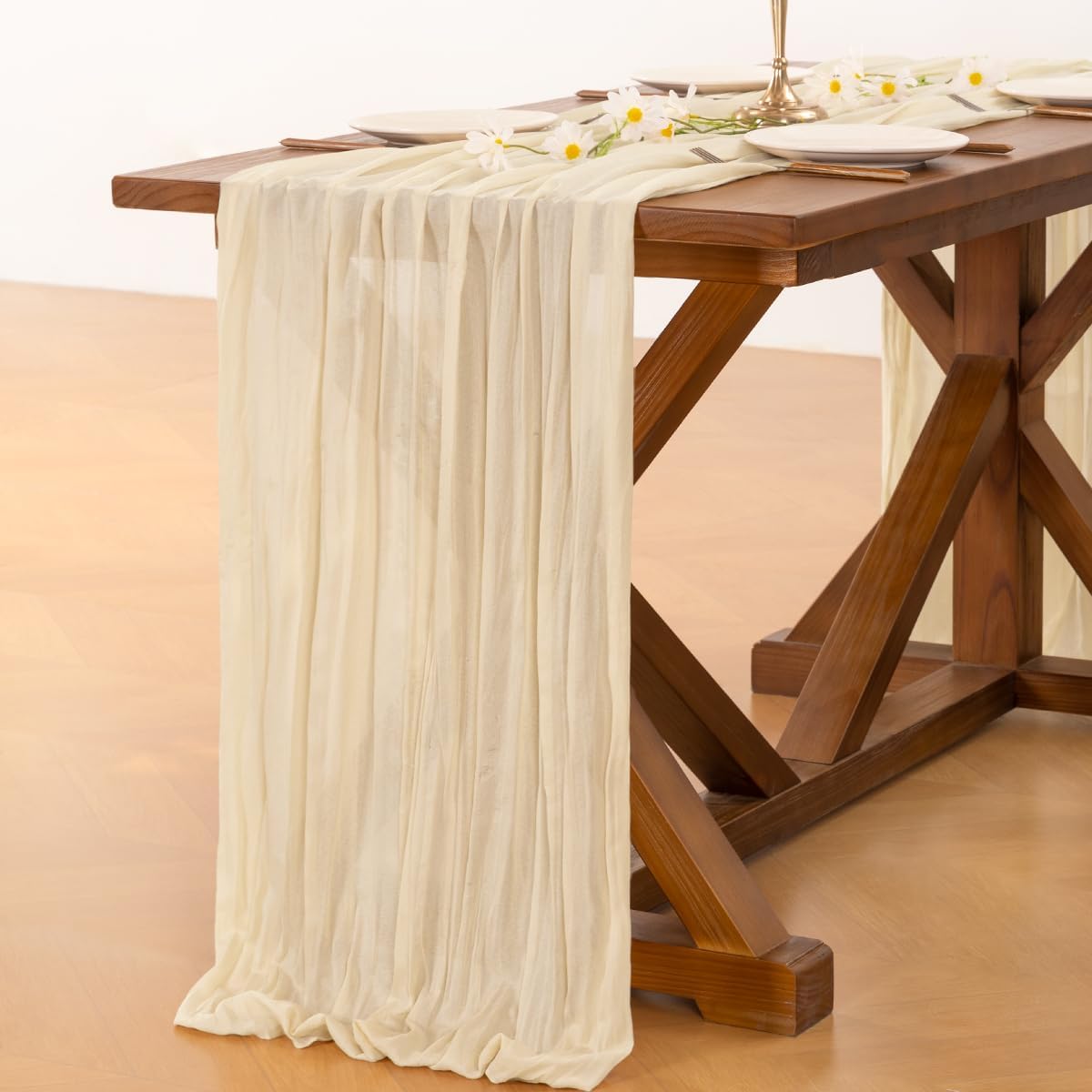Socomi 10pcs Beige Fall Thanksgiving Cheesecloth Table Runner Boho Rustic Gauze 120 inch 10FT Cheese Cloth Runner for Wedding Party Baby Shower Birthday Home Decor Holiday Decorations