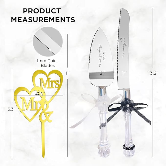Set of 3 Cake Cutter Set Wedding Cake Knife and Server Set with Cake Topper, Perfect Cake Cutter for Wedding registry must haves, Cake Cutting Set with Black White Daisy Ribbons Design