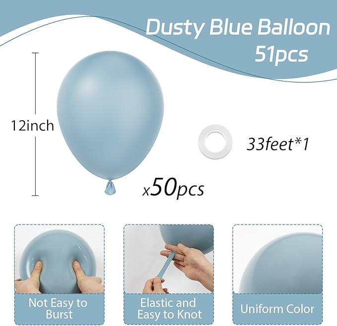 Dusty Blue Balloons 12 inch, Slate Blue Balloons 50pcs for Bridal Shower Gender Reveal Baby Shower Birthday Party Decorations