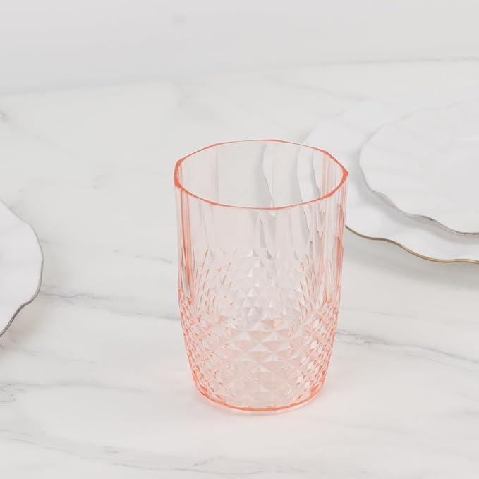 Efavormart 6-Pack Plastic Tumblers, 16oz Unbreakable Drinking Glasses Crystal Cut Style Transparent Blush - Shatterproof Short Cups
