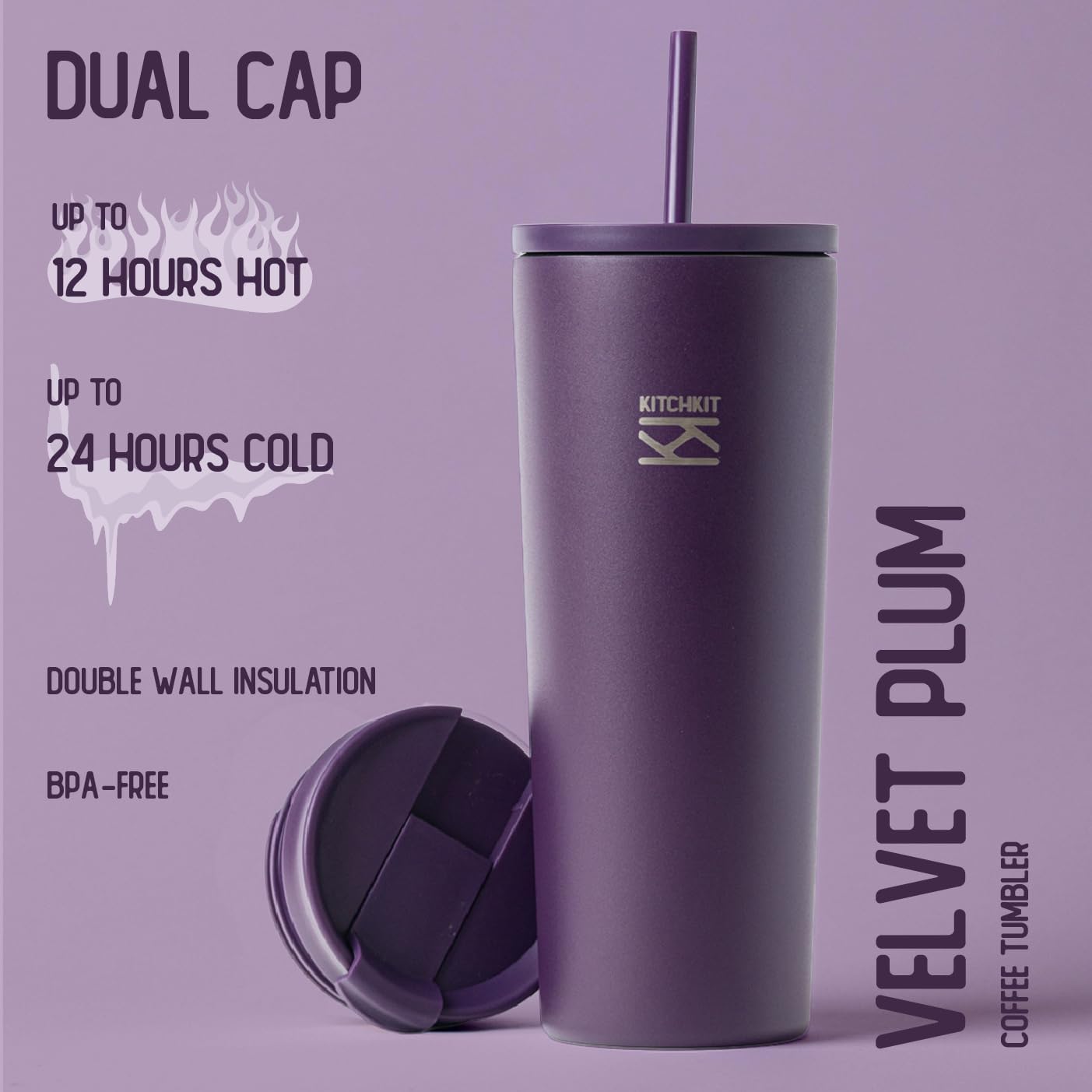 750ml (25oz) Insulated Tumbler with Straw, Flip Lid & Bonus Sticker Pack – Stainless Steel Reusable Travel Cup (Velvet Plum)
