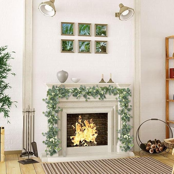 2 Pcs 5.9 Ft Artificial Eucalyptus Flowers Garland, Eucalyptus Leaves Decor for Home Decoration Artificial Vine for Mantle Office Party Wedding Arch Decor (2)