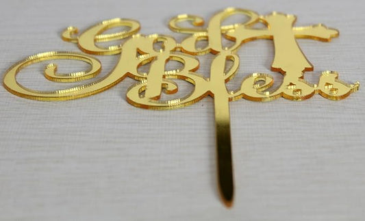 God Bless Acrylic Gold Mirror Cake Topper for Baptism, Christening, Dedication or First Communion Decorations