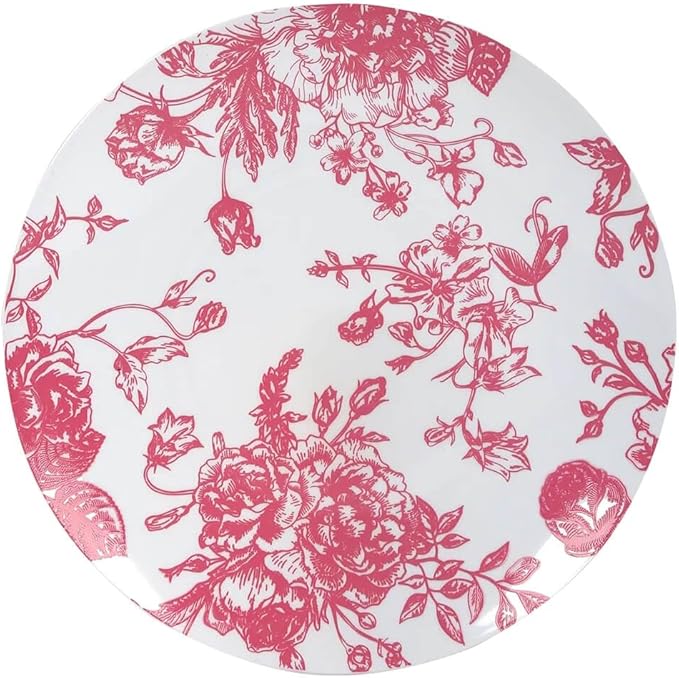 Efavormart 10-Pack French Toile Plastic Dessert Plates – Pink & White Floral, 7" Round Disposable Salad Plates