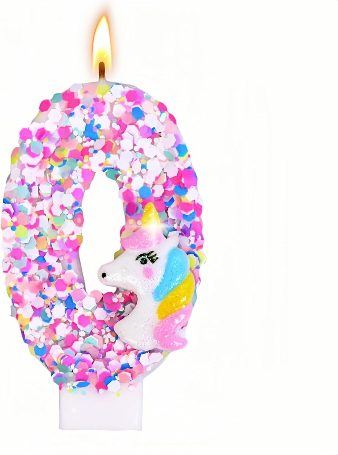 Unicorn Number Birthday Candles Decoration, Unicorn Themed Birthday Party Supplies, Glitter Sequin Birthday Cake Topper for Boy Girl Kids (Number 0)