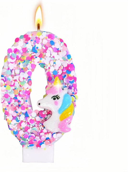 Unicorn Number Birthday Candles Decoration, Unicorn Themed Birthday Party Supplies, Glitter Sequin Birthday Cake Topper for Boy Girl Kids (Number 0)