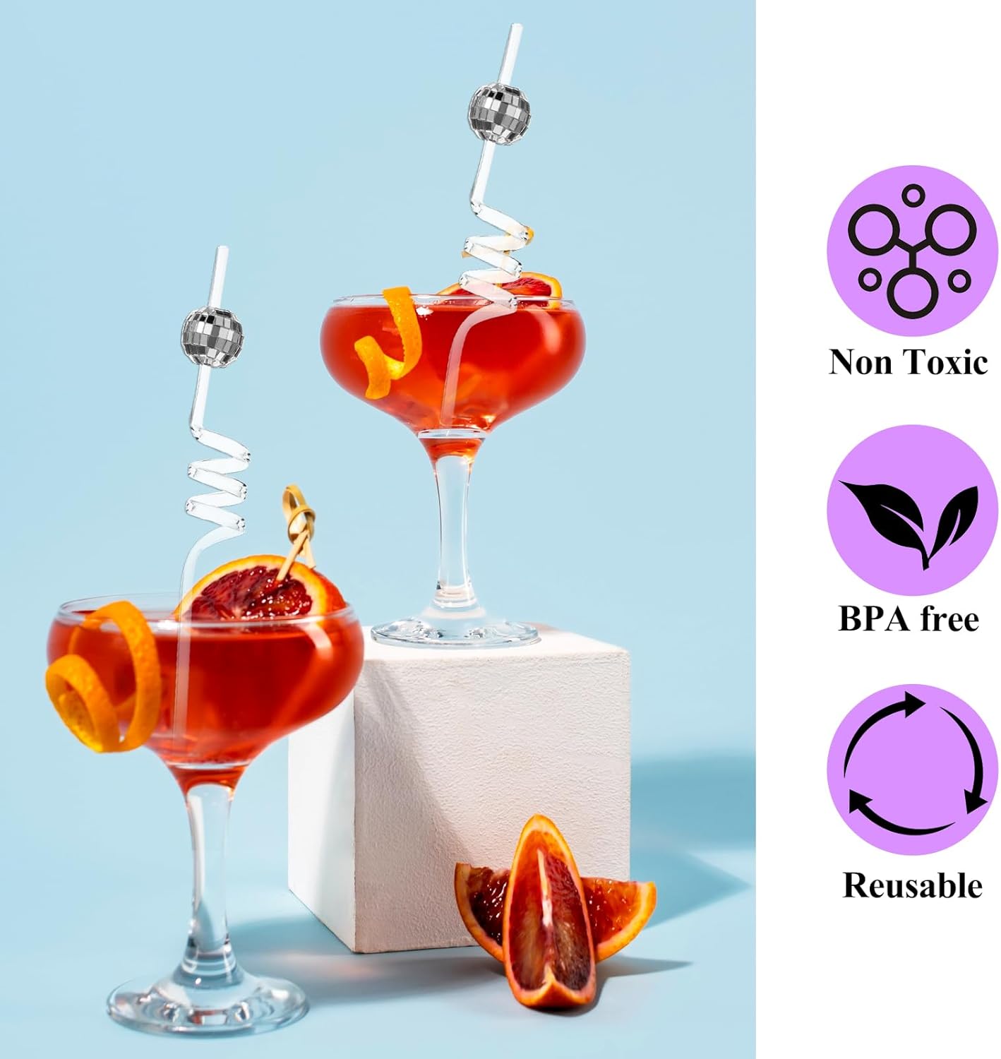 Giantree 24PCS Disco Ball Straws 70s Disco Ball Straws Mini Disco Ball Decor Reusable Straw Plastic Straws Reusable for Disco Party Decorations Birthday Wedding Cocktail Cup Decoration Silver