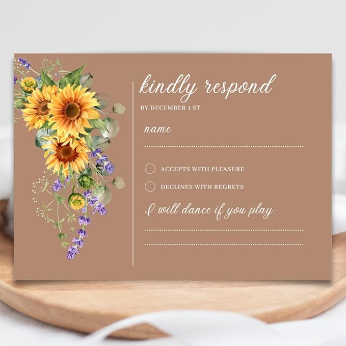 Preprinted Purple and Yellow Sunflower Wedding or Party RSVP Cards, Personalized Response Card Glossy Finish With White Envelopes, Set of 15 with Envelope, 5x3.5 inch Cards (Brown)