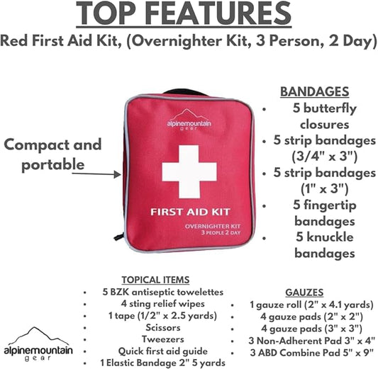 Red First Aid Kit, (Overnighter Kit, 3 Person, 2 Day) - Compact Emergency Medical Kits with Bandages, Gauze, and More by Caddis Sports (Overnighter (Red))