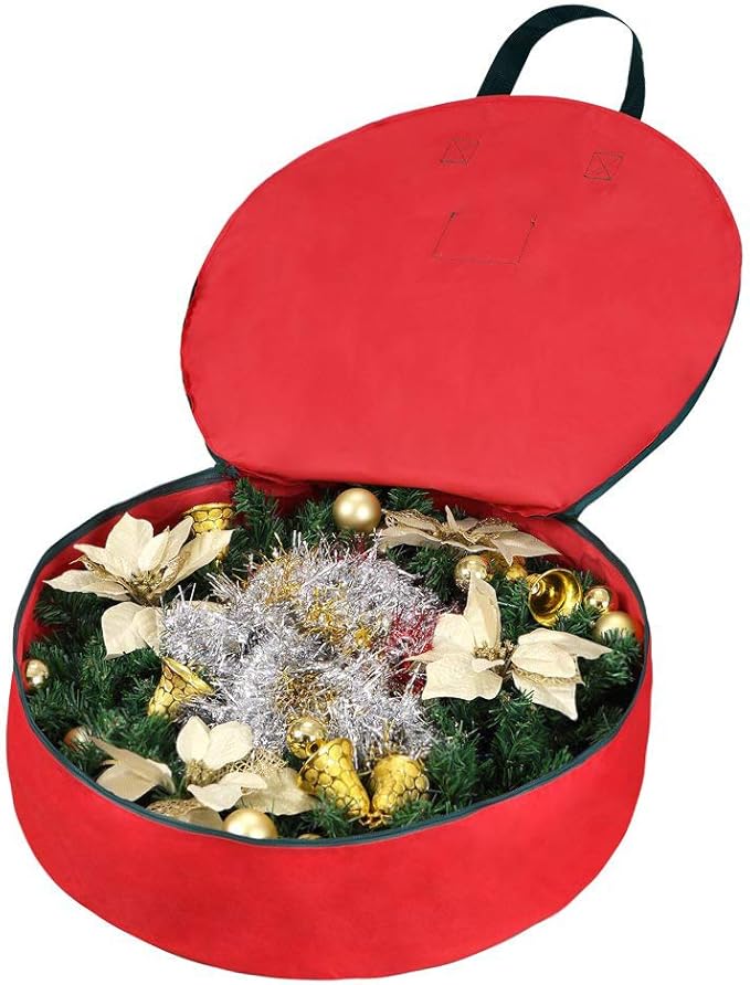 Primode Christmas Wreath Storage Bag 36" - 2 Pack Artificial Wreath Container - Garland Holiday Xmas Wreaths Holder - Sturdy Handles - Inner Straps - Card Slot Dual Zipper Strong Oxford (36 Inch, Red)