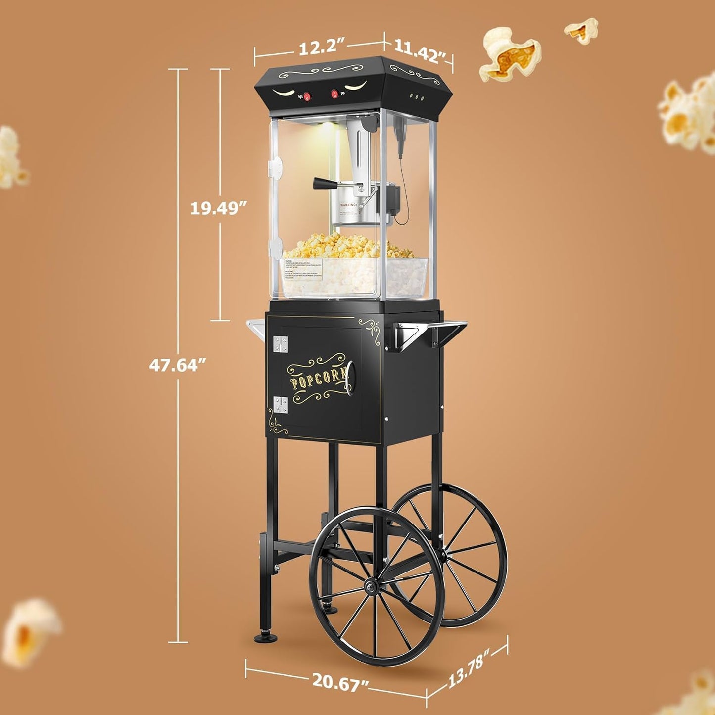 8 oz Popcorn Machine Cart, Popcorn Maker Machine with Stainless-Steel Kettle Makes Up to 32 Cups, Movie Theater Style Pop Corn Machine with Heated Warming Deck, 2025 Upgraded, Black