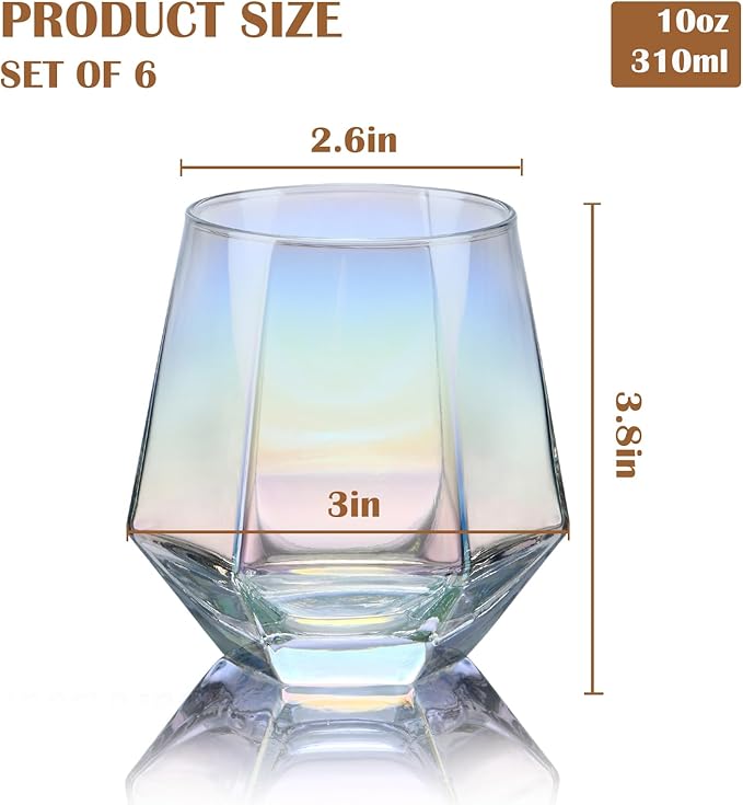 CUKBLESS Wine Glasses Set of 6 (10 Oz), Stemless Wine Glass for Red and White Wine, Iridescent Diamond Shaped Glassware for Whiskey, Cocktail, mixed wine, soft drink, and more