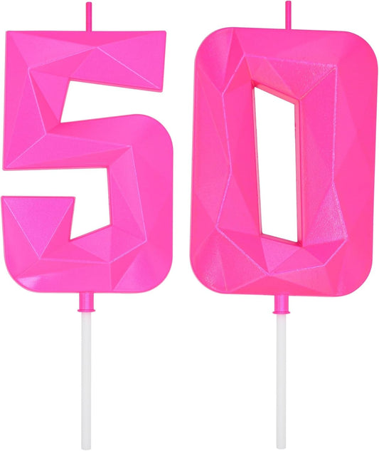 DERVENTA Large Birthday Candle Number 3D Pink 3.7 inch Party Celebration Anniversary Decoration Cake Topper 1 Piece (Number 50 Pink)