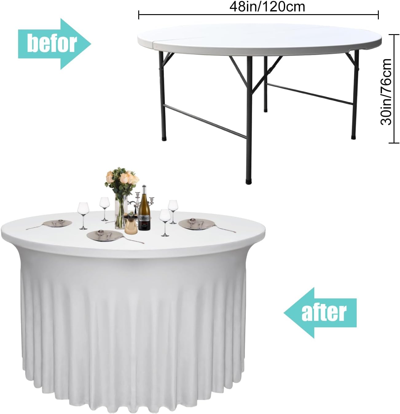 4 Pack White Round Table Skirt, 48 Inch Diameter x 30 Inch Height, Stretch Polyester Spandex Tablecloth for 4ft Round Tables, Stain & Wrinkle Resistant for Wedding, Party, Banquet Decor