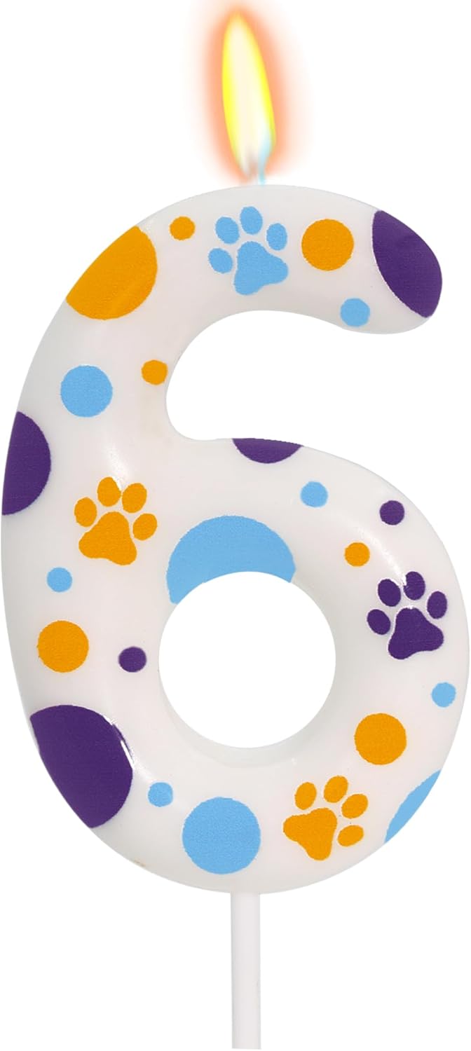 Blue Dog Paw Themed Birthday Candles, Number 6 Paw Print Birthday Party Supplies, 2.76 inch Paw Cake Topper Decorations, Birthday Decorations for Kids (Number 6)
