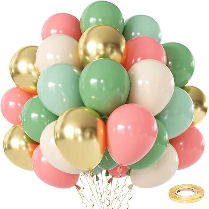 Zesliwy Sage Green Pink Gold Balloons,50Pcs 12Inch Dusty Mint Green Sand White Metallic Gold Balloon Retro Light Blush Pink Balloon for Birthday Jungle Safari Bridal Shower Wedding Party Decoration