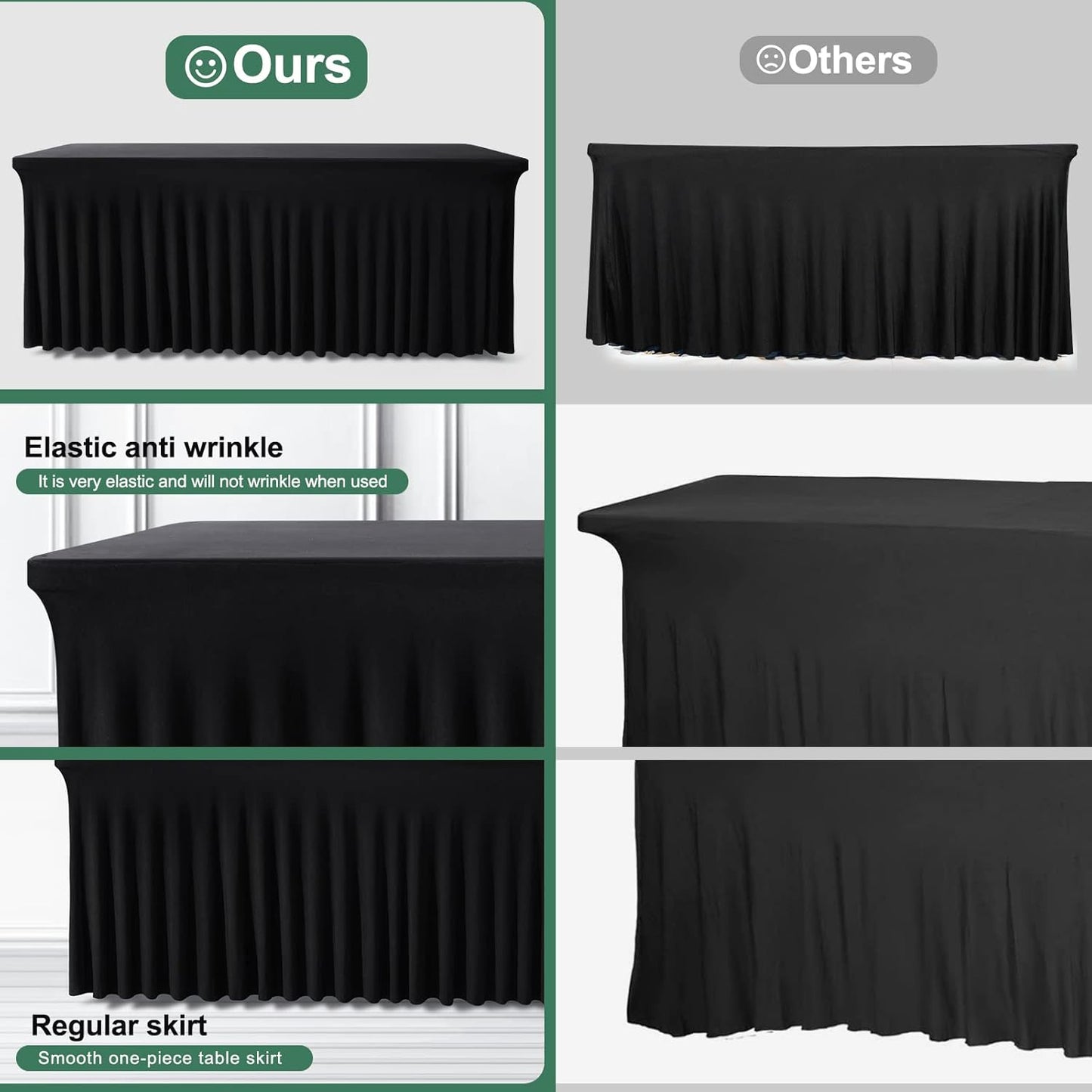 Table Skirts for Rectangle Tables 8ft - One-Piece Black Tablecloths and Skirt, Wrinkle Resistant Ruffles Elastic Cover for Banquets, Weddings, Events, Parties