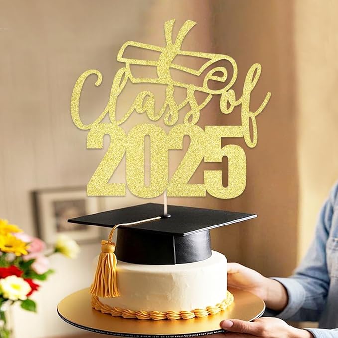 Class of 2025 Cake Topper - Congrats Grad Cake Toppers - Gold Glitter Graduation Party Decorations