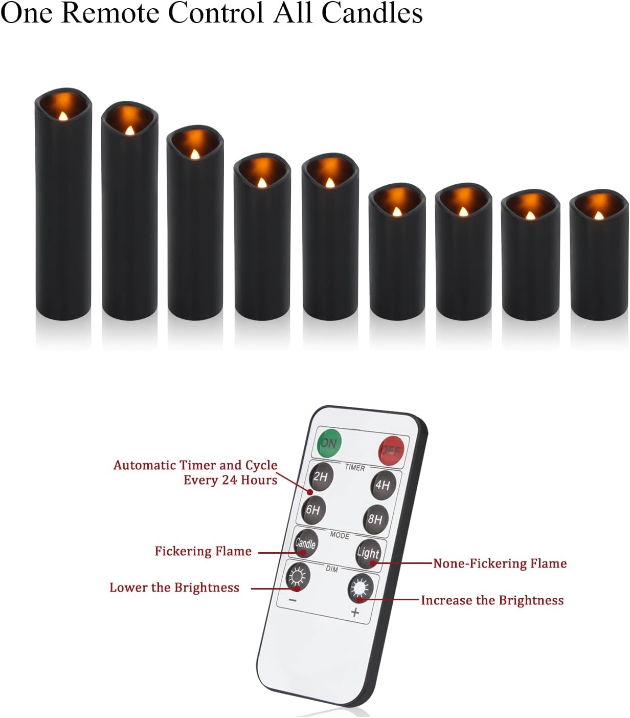 antizer Flameless Candles Led Candles Pack of 9 (H 4" 5" 6" 7" 8" 9" x D 2.2") Black Real Wax Battery Candles with Remote Timer