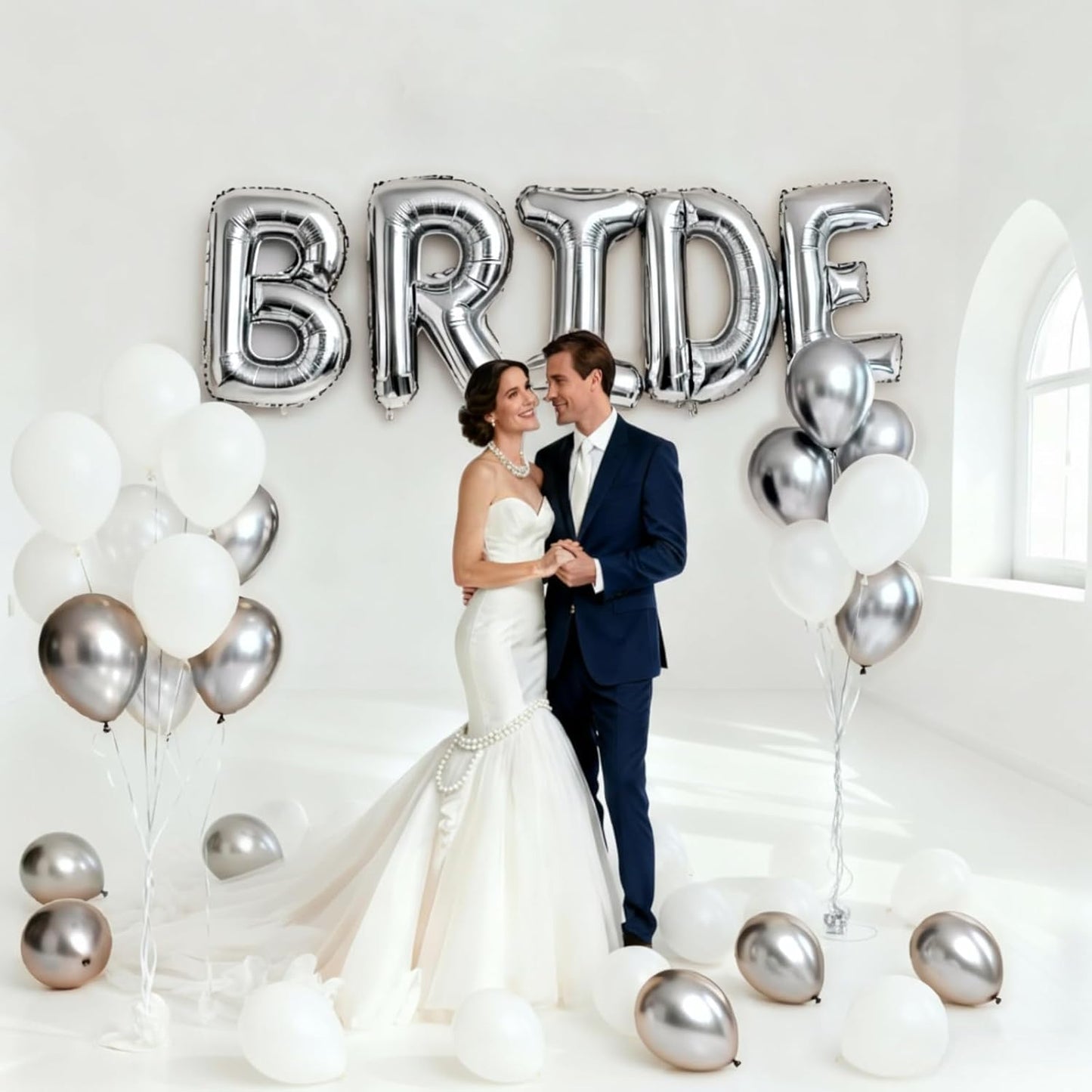 40Inch BRIDE Balloons Silver-Metallic Silver Pearl White Balloons with Large Silver BRIDE Foil Banner Letter Sign for Wedding Bridal Shower Engagement Bachelorette Party Decorations