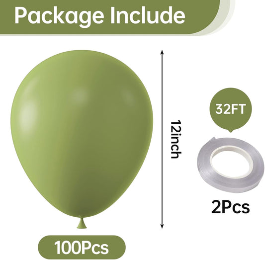 KALOR 10 Inch Retro Avocado Green Balloons, 100 Pcs Latex Helium Balloons for Kid's Birthday Party Baby Shower Wedding Graduation Graduation Party Decorations