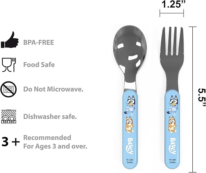 Zak Designs 5-Piece Dinnerware Set, Bluey - Durable Plastic & Stainless Steel - Includes Water Bottle, 8-Inch Plate, 6-Inch Bowl, Fork & Spoon - Suitable for Kids Ages 3+
