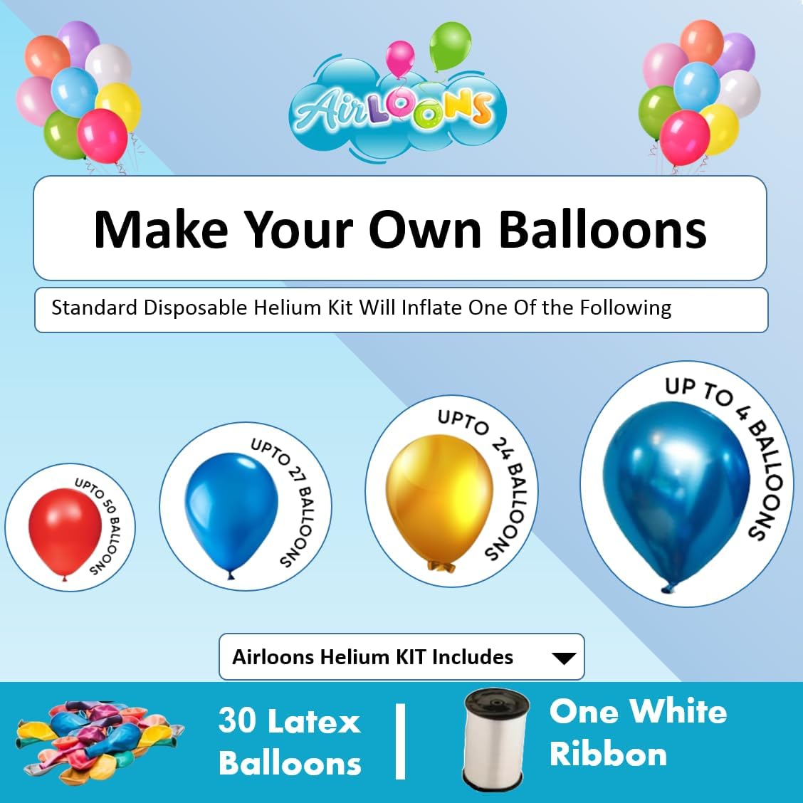 Airloons Helium Balloon Kit with 7.5 Cu Ft Tank – Includes 30 Multicolor 9 inch Latex Balloons, Ribbon & Easy to Fill Nozzle – Easy Setup for Birthdays, Weddings, Baby Showers, DIY Party Décor