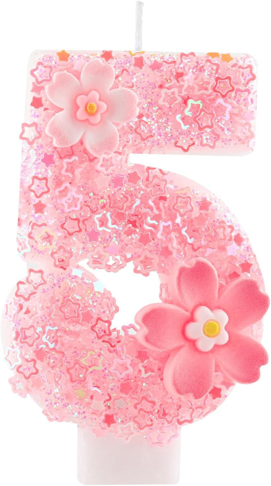 Cherry Blossom Pink Number 5 Birthday Candle, 2.8in Cute Shiny Happy 4th Birthday Candle with Tray & Stick Girls 4 Candle for 5 Birthday Ideal Birthday Parties Cake Decoration & Gifts